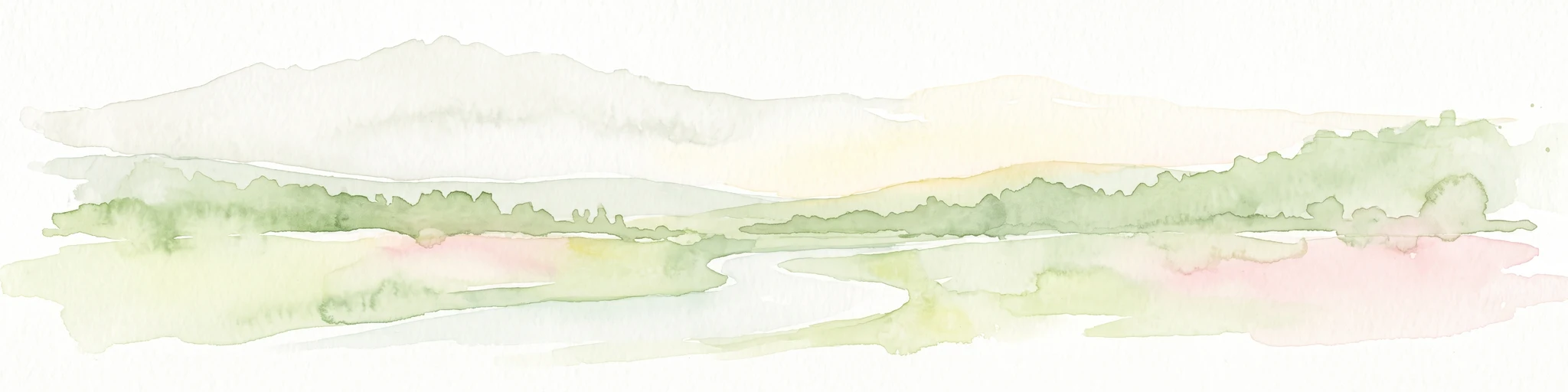 Una suave ilustración en acuarela que muestra un río serpenteante fluyendo a través de un paisaje verde y montañoso bajo un cielo pálido.