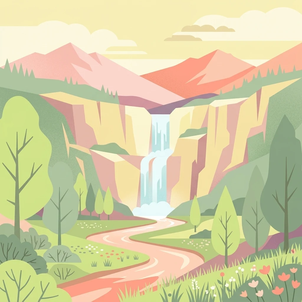 A flat vector-style illustration of a landscape featuring pink-hued mountains in the background, a two-tiered waterfall cascading down rocky cliffs, and a winding stream flowing through a meadow filled with trees and wildflowers.
