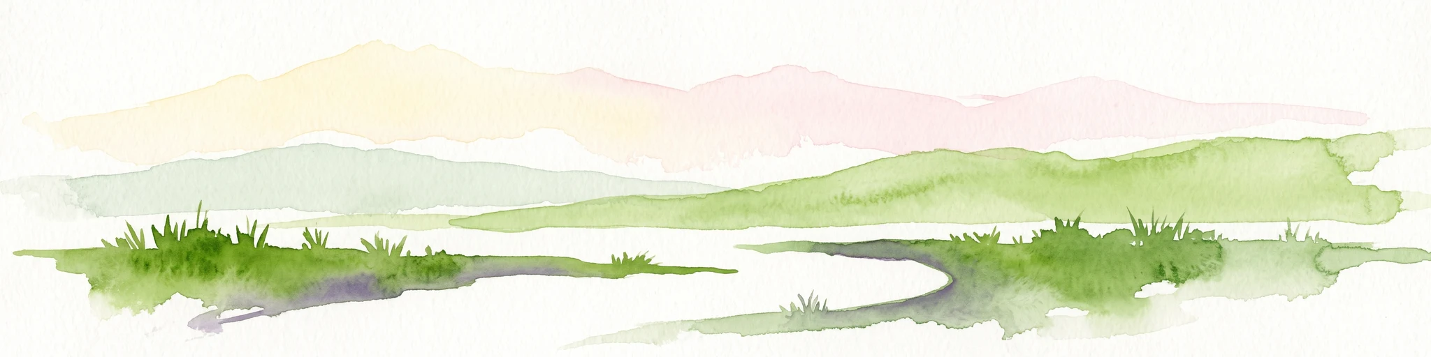A watercolor painting showing a soft, green landscape with gentle rolling hills and a stream flowing through a grassy area.