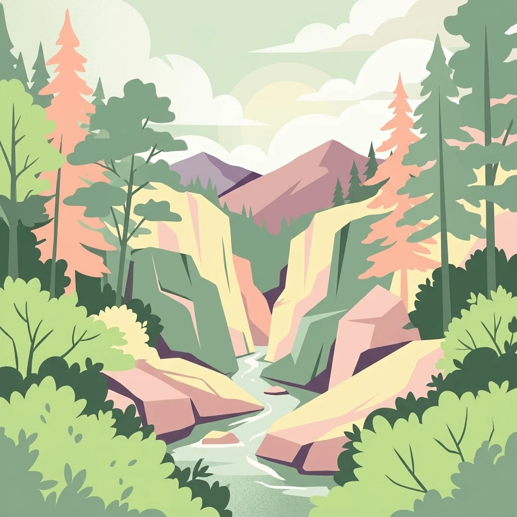 Una ilustración que muestra un río fluyendo a través de un valle profundo entre acantilados rocosos y bosques de pinos, con montañas lejanas bajo un cielo suave.