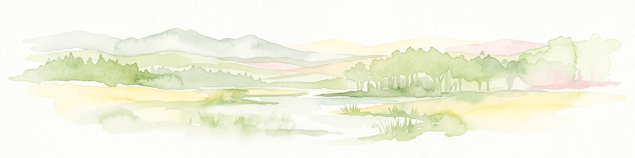 A soft watercolor painting of a rolling landscape with green hills, a cluster of trees, and a small water body in the foreground.