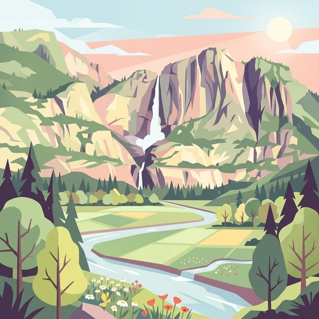 An illustration of a green mountain valley with a waterfall flowing down a cliff, a winding river in the foreground, and colorful wildflowers.