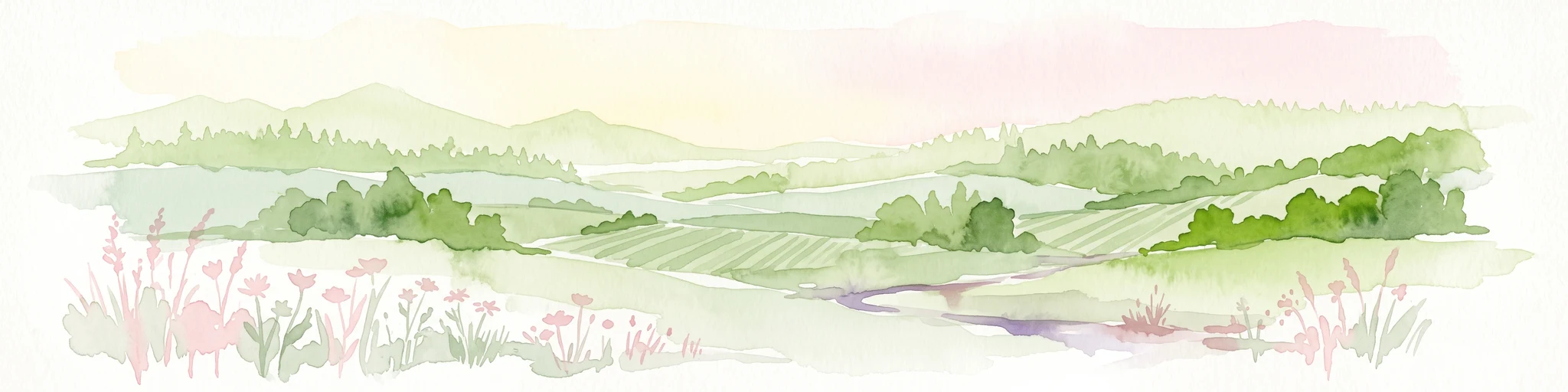 A watercolor painting showing a soft, green landscape with gentle rolling hills, small clusters of trees, and a small meandering stream, framed by delicate wild flowers in the foreground.