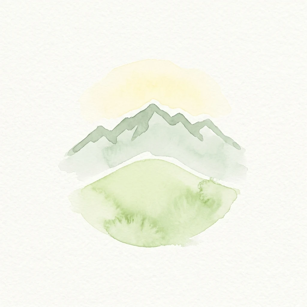 Ilustración acuarela de una cordillera con un sol y un paisaje verde