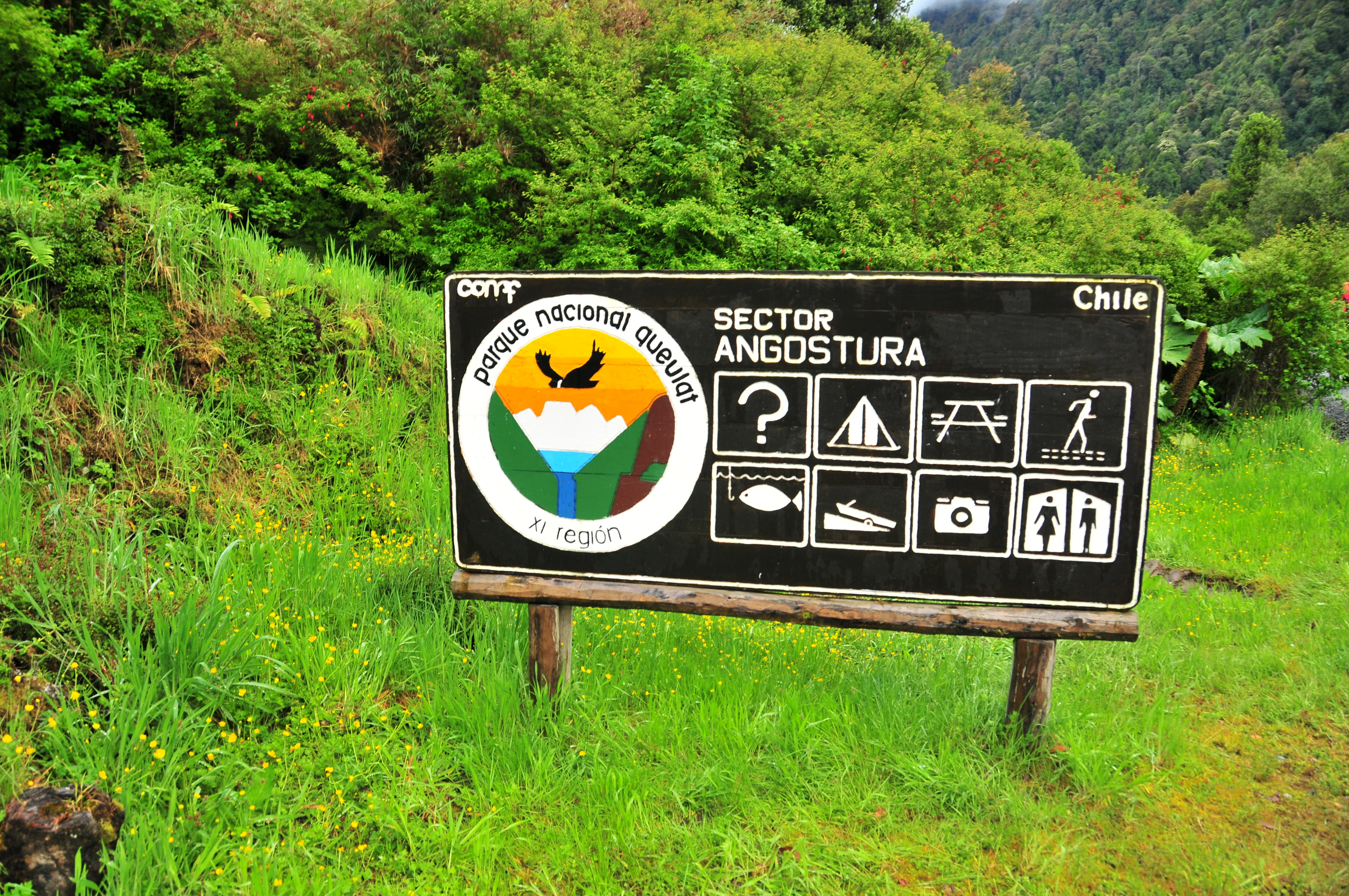 Black entrance sign for Queulat National Park displaying 'Sector Angostura' text and activity icons, surrounded by green vegetation and hills