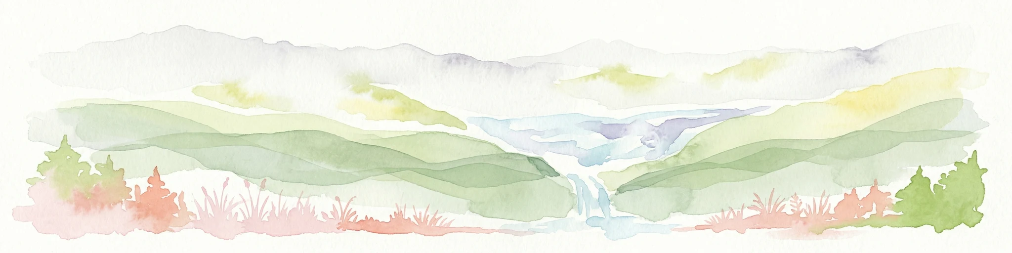 Ilustración en acuarela de colinas onduladas, un río que fluye por un valle y zonas boscosas