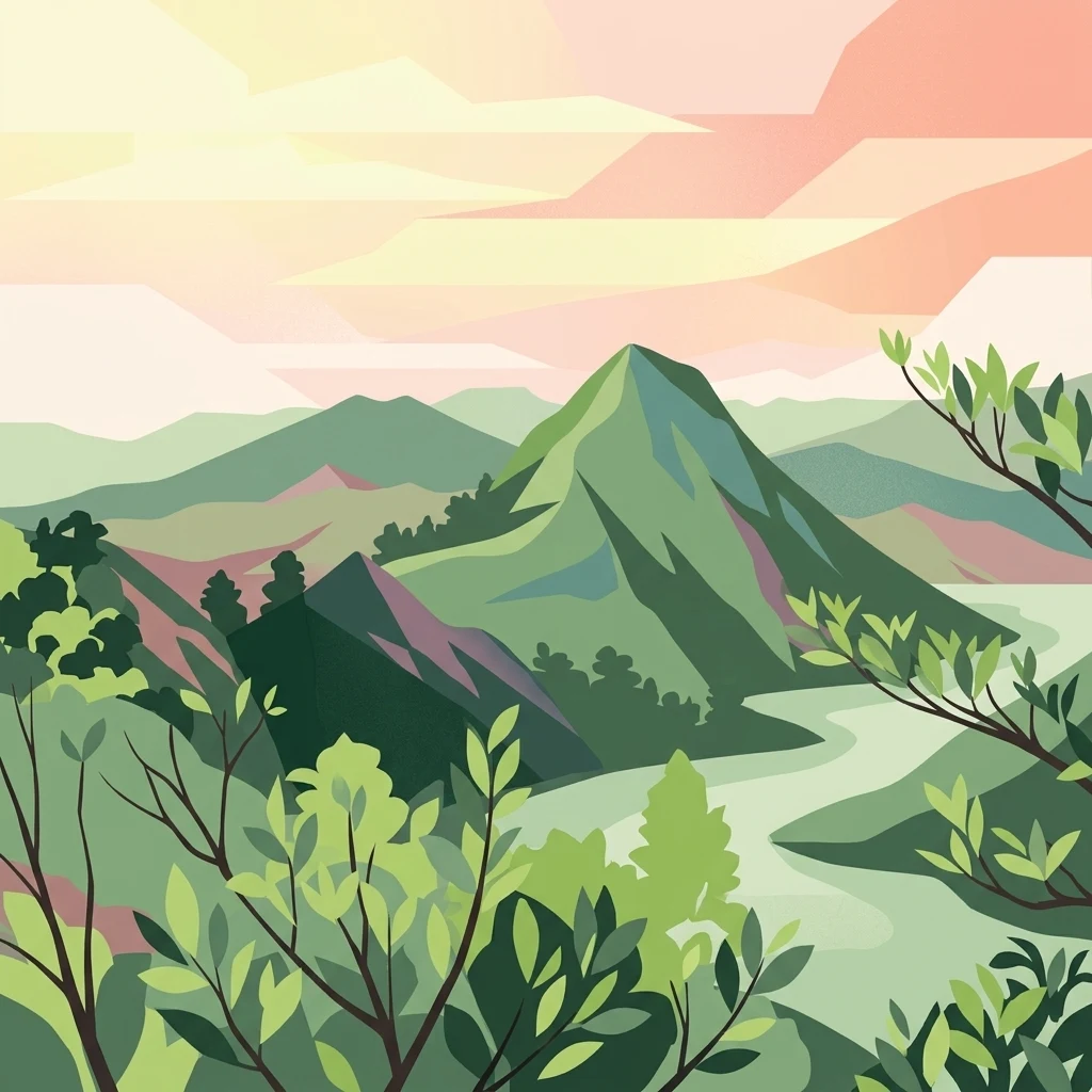 Una ilustración digital que muestra una cadena montañosa con laderas verdes, un río que fluye a través del valle y árboles estilizados en primer plano bajo un cielo con tonos de atardecer.