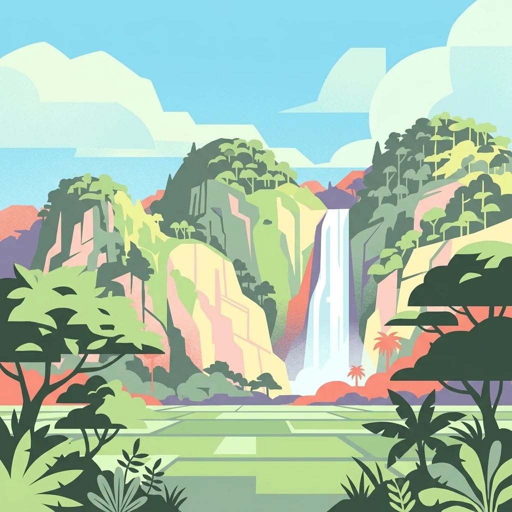 A flat-style vector illustration showing a tall waterfall cascading down lush green mountains, surrounded by tropical foliage and a flat grassy foreground under a blue sky.