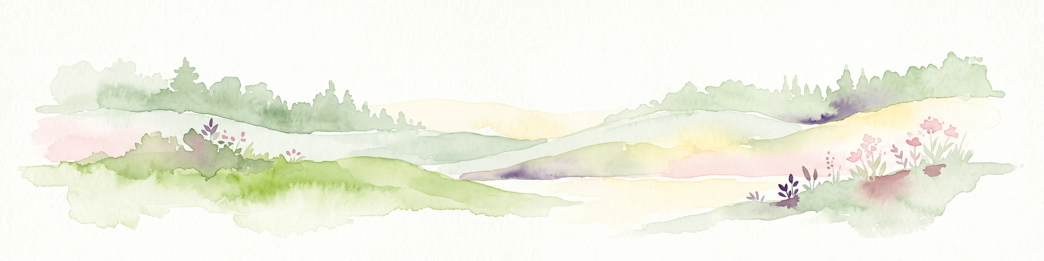 A watercolor painting of rolling green hills, trees, and wildflowers on a white background, with a soft, artistic style.