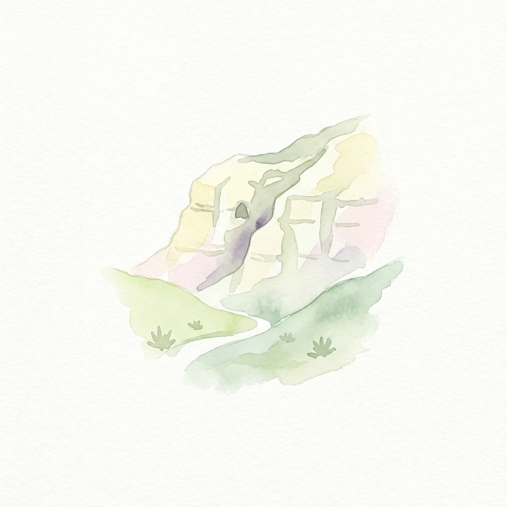 Watercolor illustration showing rock formations with green vegetation on a white background