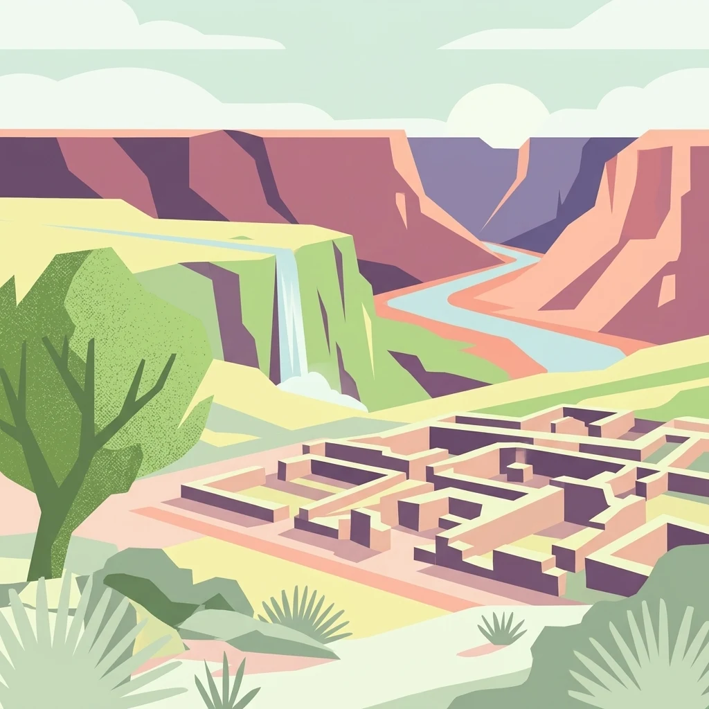 Stylized illustration of ancient stone ruins surrounded by a canyon, river, and waterfall