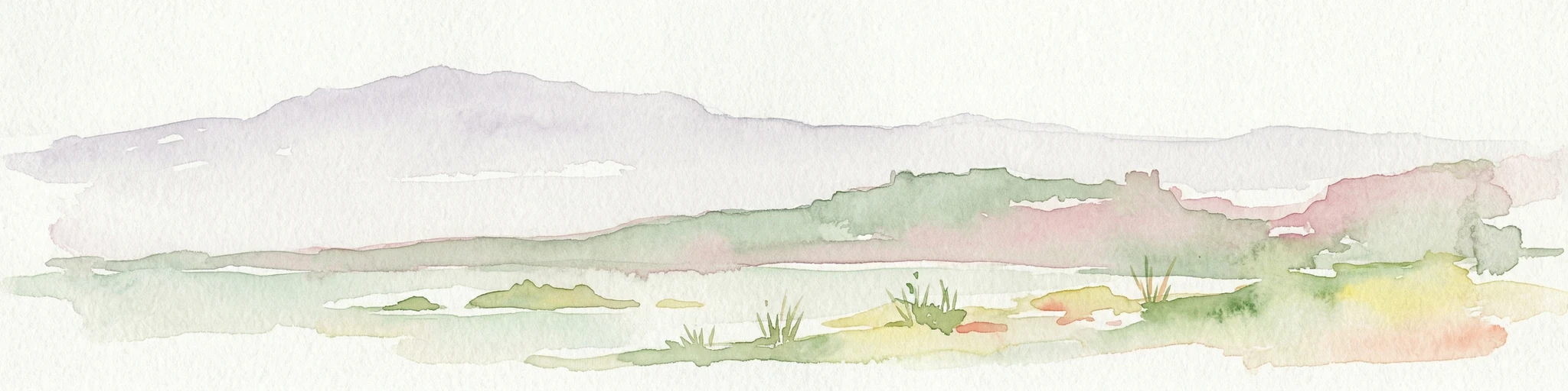Watercolor painting of a landscape with mountains, water, and vegetation