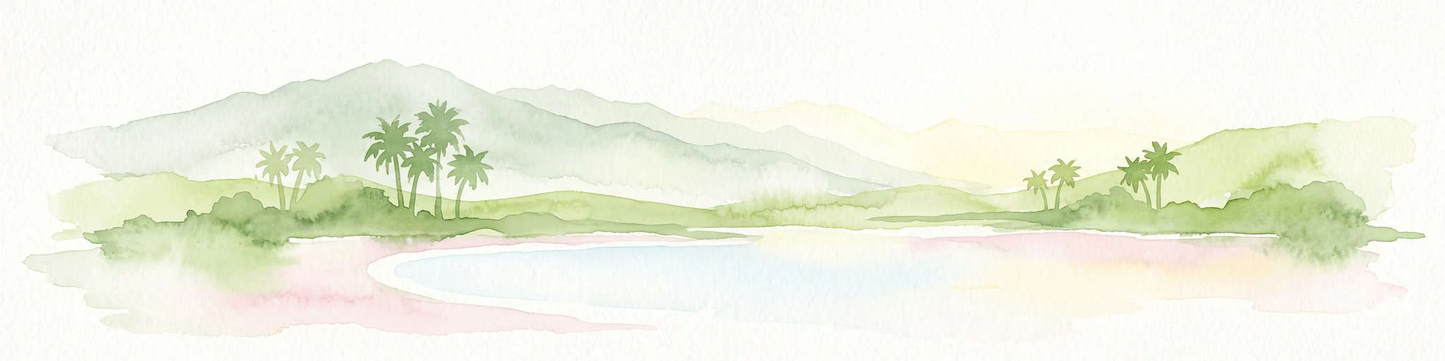 A soft watercolor painting of a tropical coastal landscape featuring a calm bay, low rolling hills in the background, and clusters of palm trees.