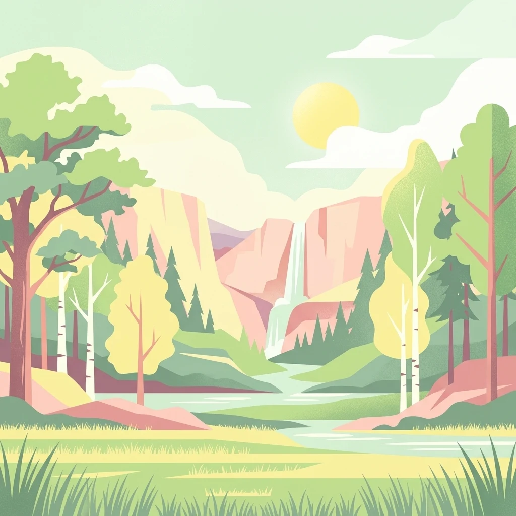 Una ilustración plana de estilo vectorial de una escena pacífica de valle montañoso, con una cascada central que desciende hasta un río, rodeada de árboles, praderas herbáceas y acantilados lejanos bajo un sol pálido.
