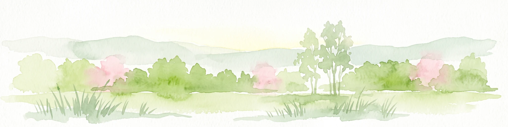 A watercolor illustration of a landscape with green meadows, flowering bushes, and distant rolling hills on a white background.