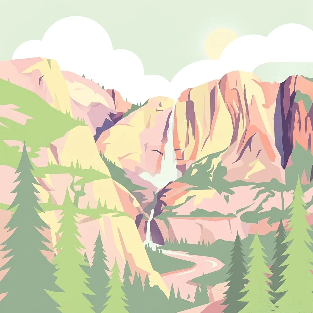 A graphic illustration showing a stylized mountain canyon with a two-tiered waterfall, evergreen trees in the foreground, and soft, warm-toned cliffs.