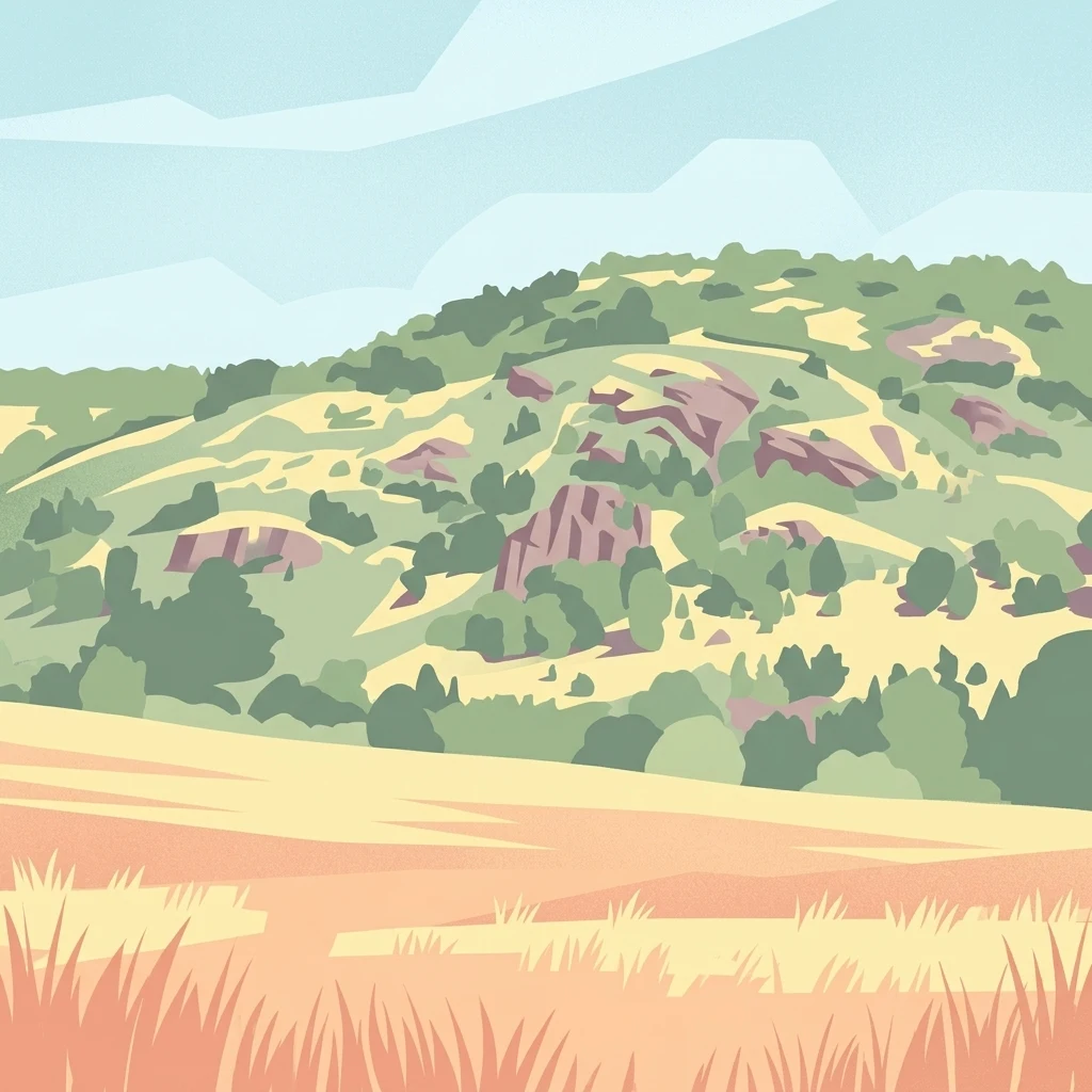 A digital illustration of a grassy hill with scattered rock outcrops and patches of trees under a light blue sky.