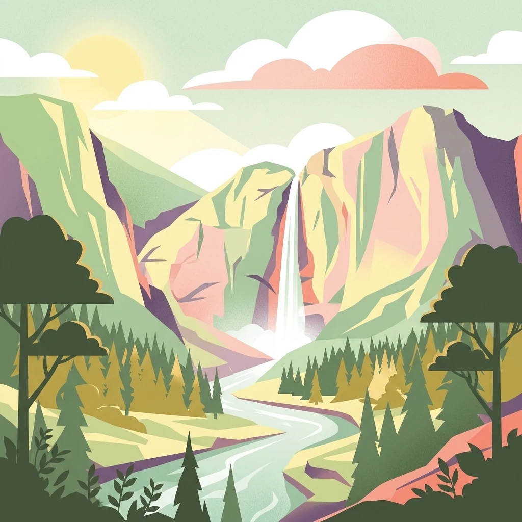 A digital illustration of a mountainous landscape featuring a cascading waterfall, a river winding through a coniferous forest, and a sunlit sky with clouds.