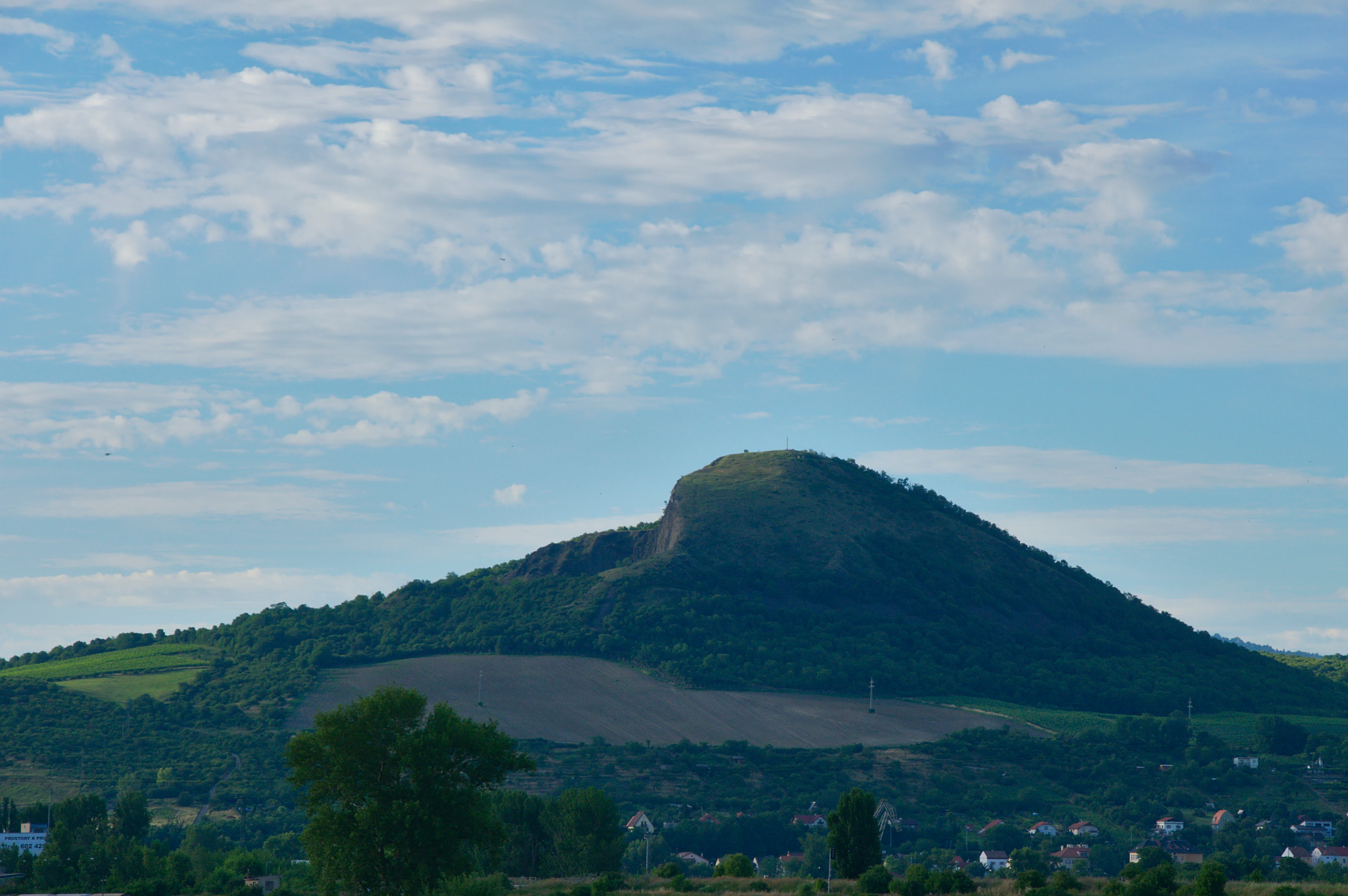 A wide shot of the volcanic Radobýl hill under a blue sky with scattered clouds, showing its grassy slopes and partially wooded base.