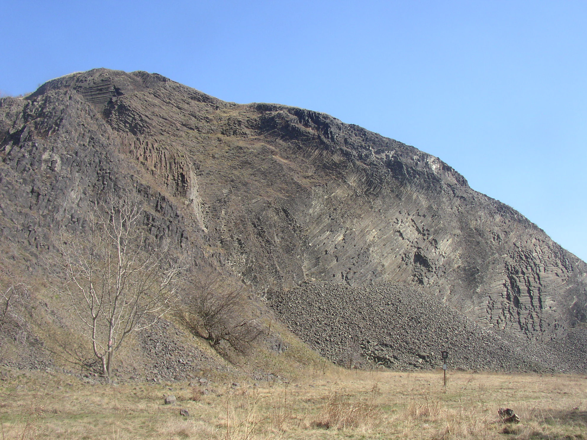 A wide angle view of the steep basalt rock face of Radobýl hill, with loose rock scree at the base and sparse vegetation in the foreground.