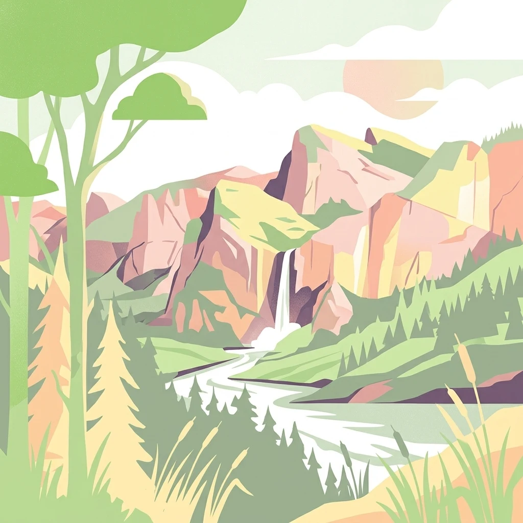 Una ilustración digital plana y estilizada de un paisaje montañoso con una cascada en cascada, un río en primer plano, pinos y espadañas bajo un cielo de colores suaves.
