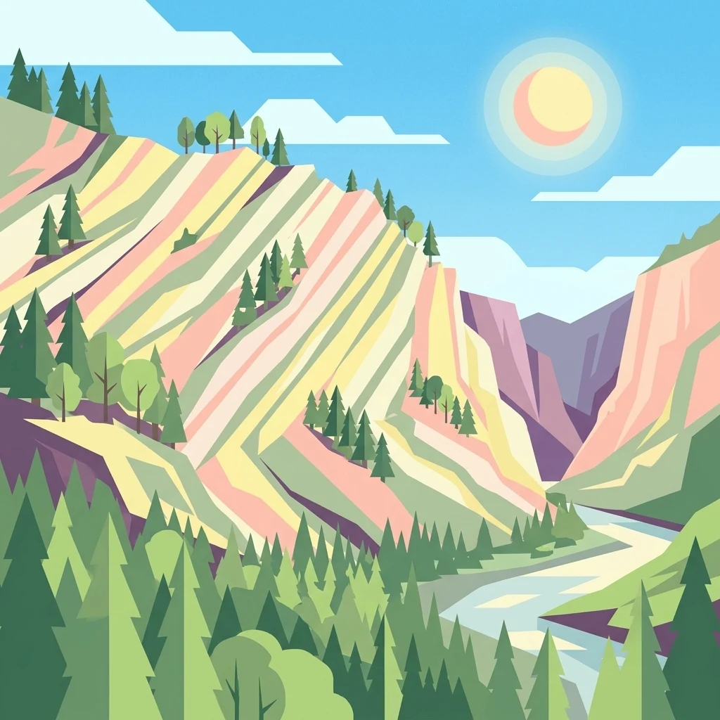 A stylized, flat-design illustration showing a steep, striped canyon wall in the foreground with pine trees and a river running through a valley under a bright sun.
