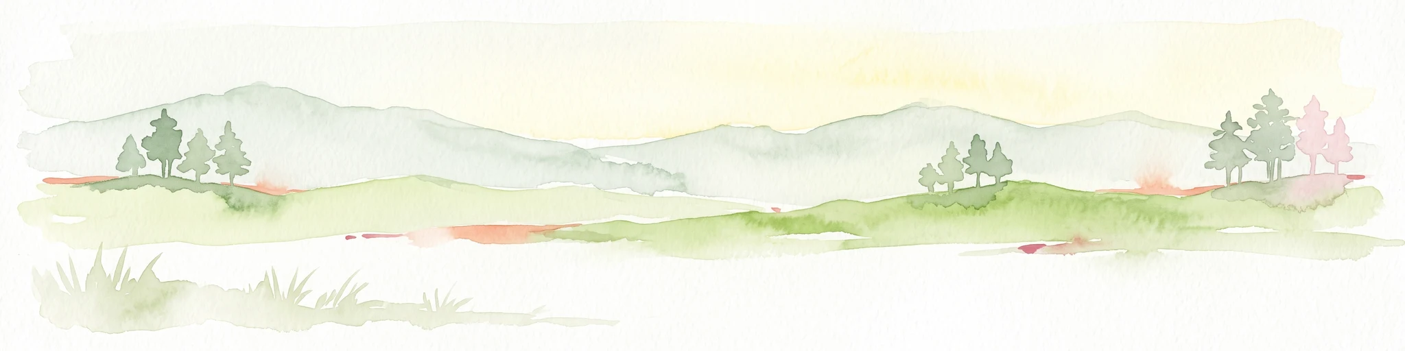 A horizontal watercolor illustration of gentle, rolling green hills under a pale sky, with clusters of stylized trees in the foreground and faded distant mountains in the background.