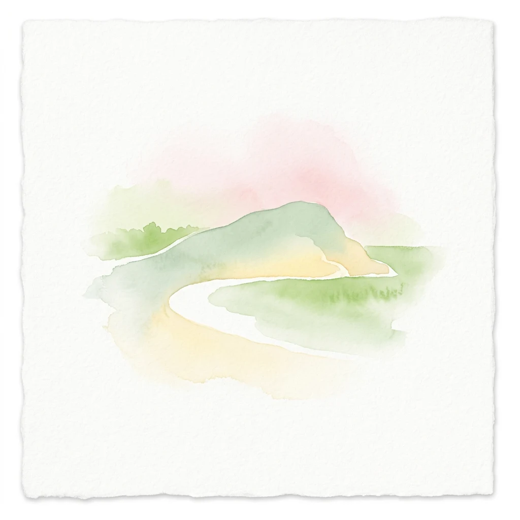 Watercolor painting showing a curved path through a landscape with green hills and pinkish sky background