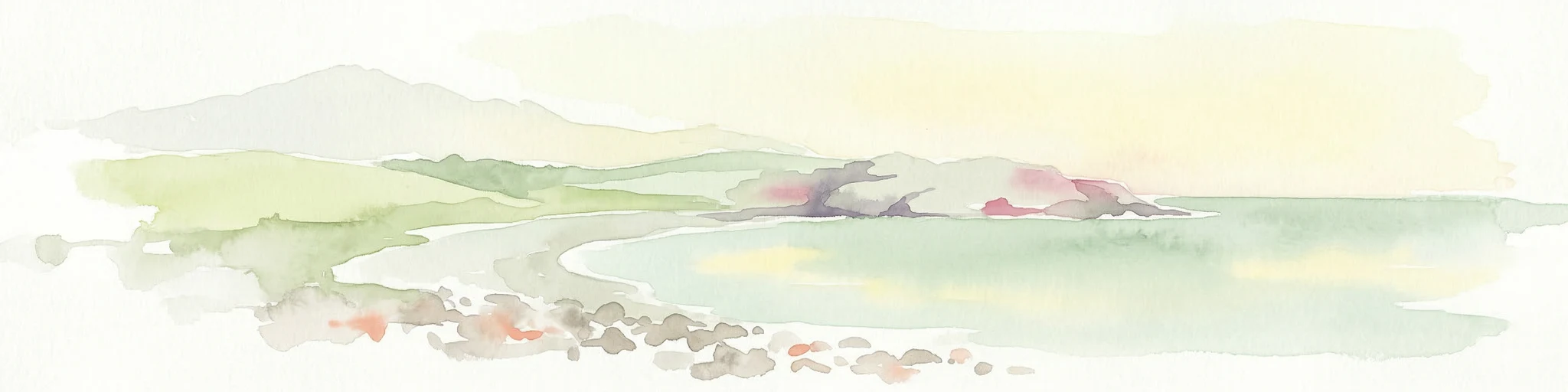 Pintura de acuarela de aguas costeras, islas, costa rocosa y colinas distantes