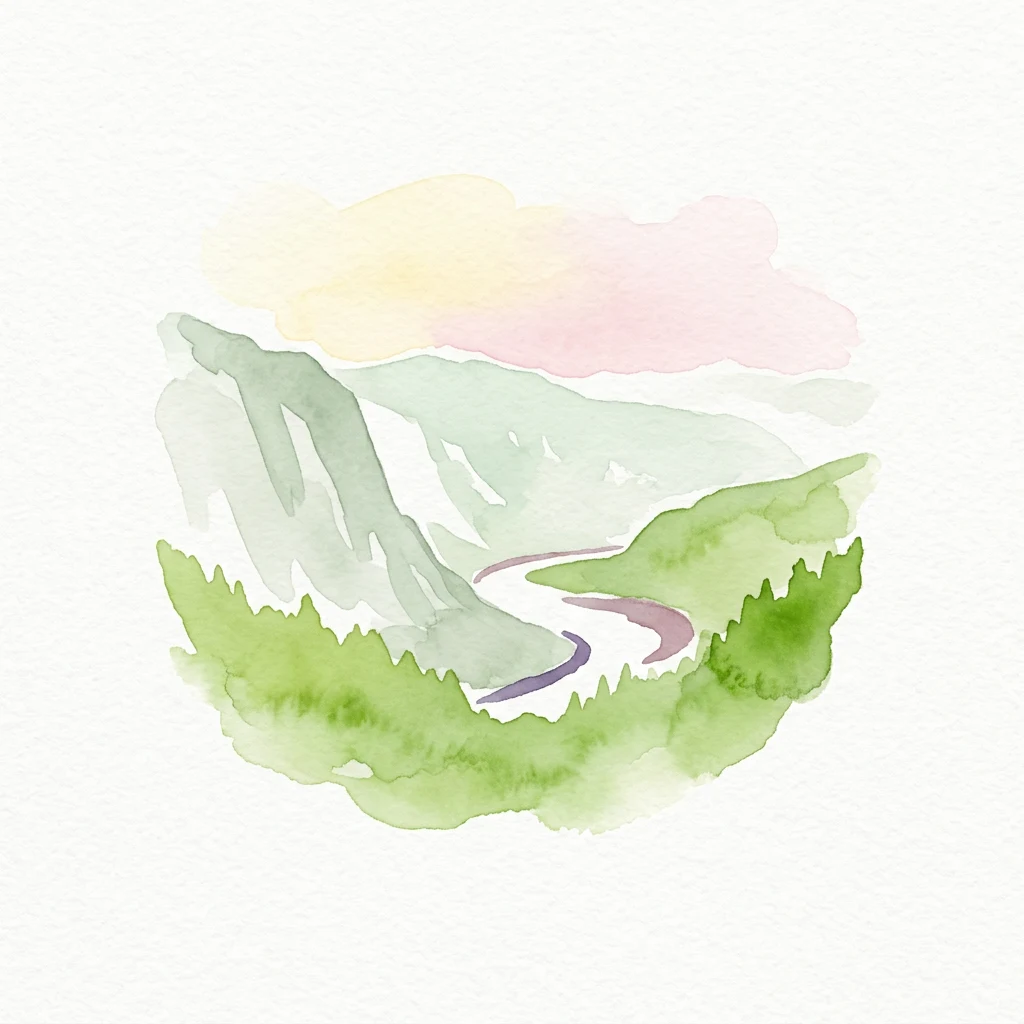 Watercolor illustration of green mountains, a winding path, and a pastel sky