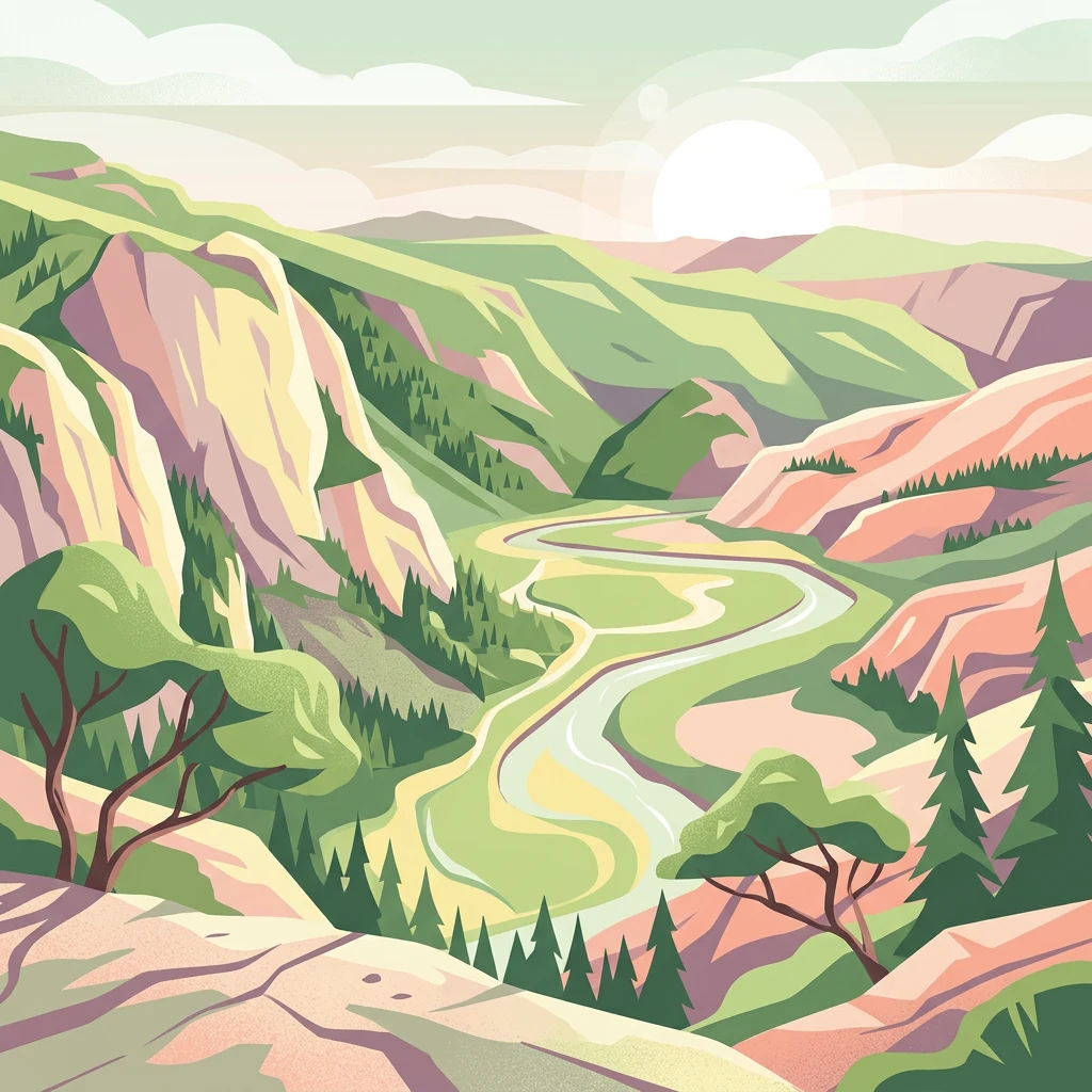 Ilustración digital de un río sinuoso a través de un valle montañoso con bosques verdes y acantilados rocosos
