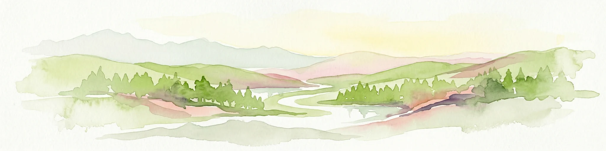 Ilustración en acuarela que muestra montañas, un río y bosques en un paisaje