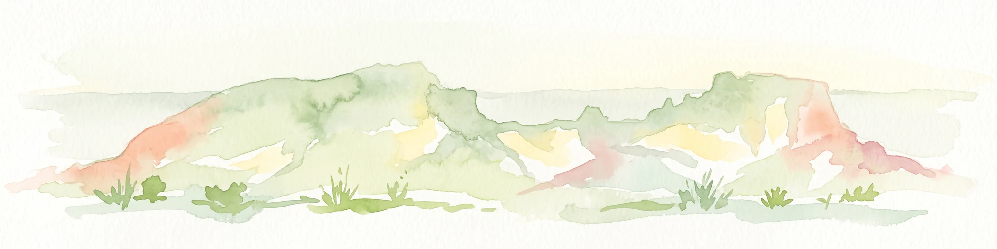 A horizontal watercolor painting showing stylized soft green, orange, and pale yellow hills under a white sky.