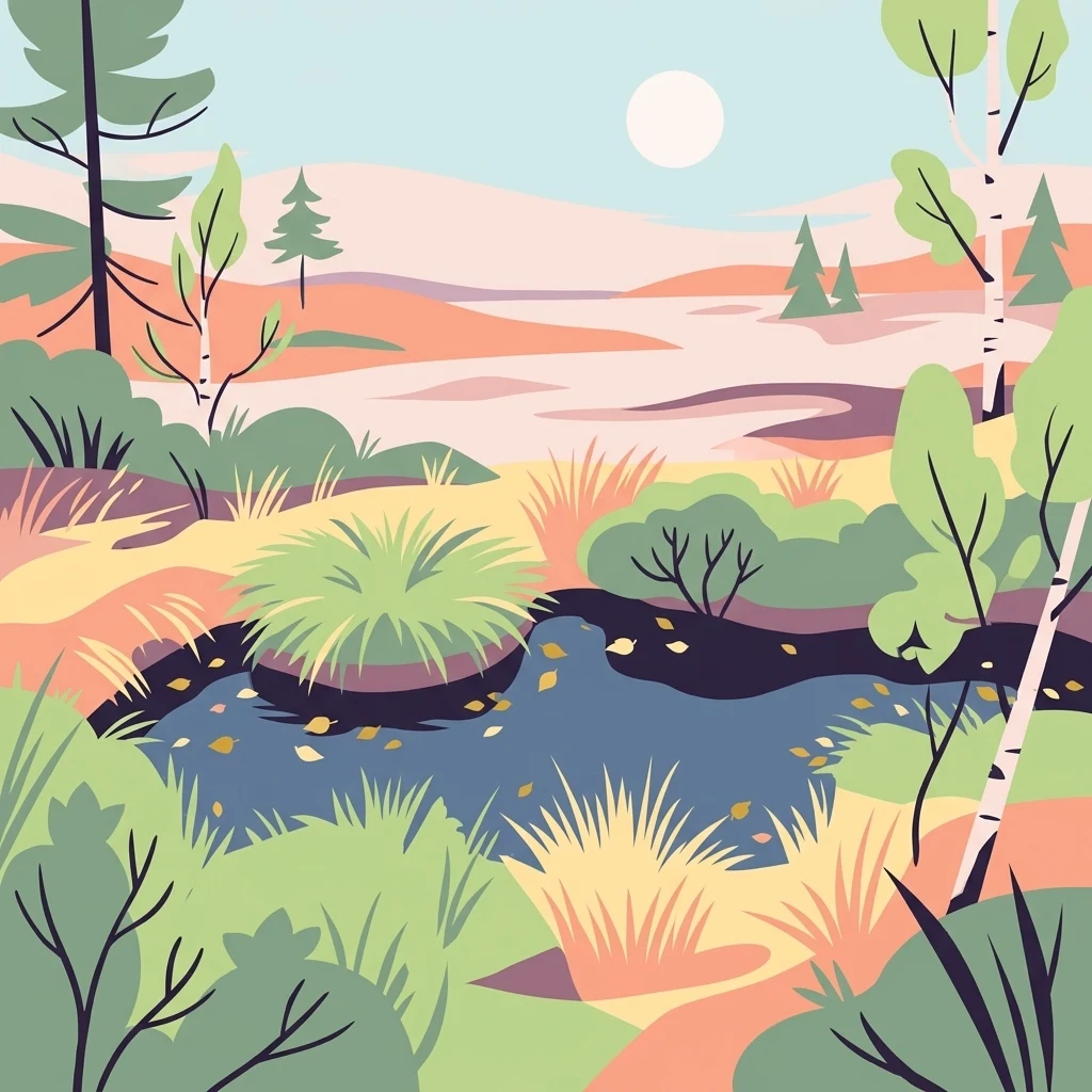 Una ilustración digital de estilo plano de un paisaje de turbera con una pequeña charca oscura, rodeada de hierbas, abedules y un terreno ondulado de colores suaves bajo un sol pálido.