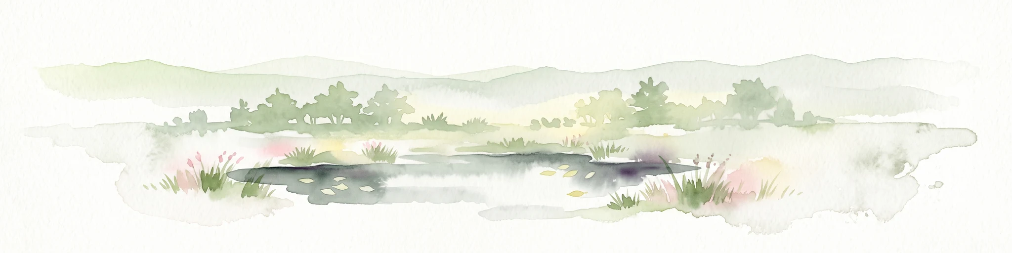A soft watercolor illustration of a bog landscape with a dark central pool, surrounding marsh vegetation, and distant pale hills.