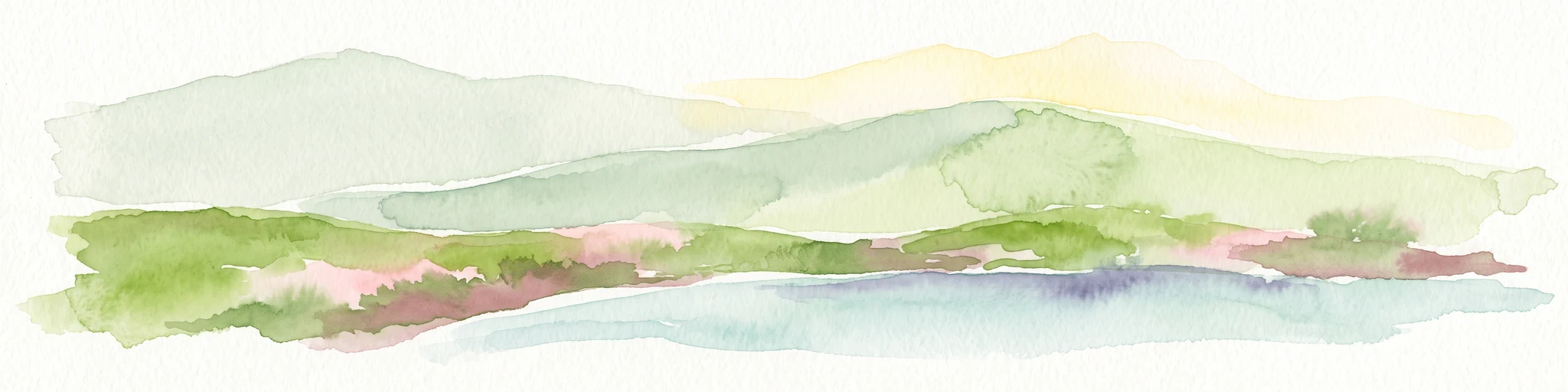 A watercolor painting showing soft green hills rising above a light blue body of water, with a small patch of reddish-brown land visible in the foreground.