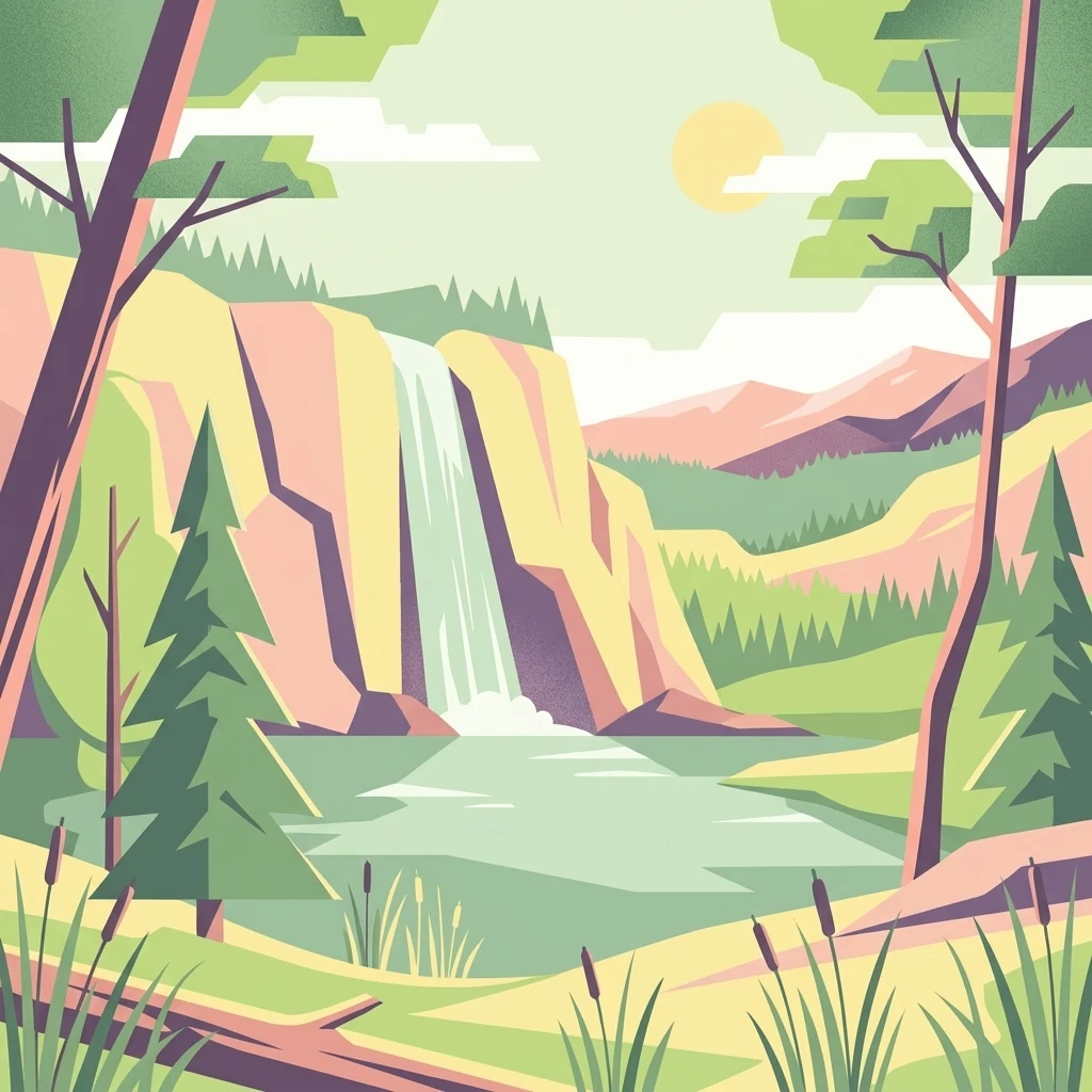 A stylized vector illustration of a scenic nature landscape featuring a waterfall cascading into a pond, surrounded by evergreen trees and tall grasses.