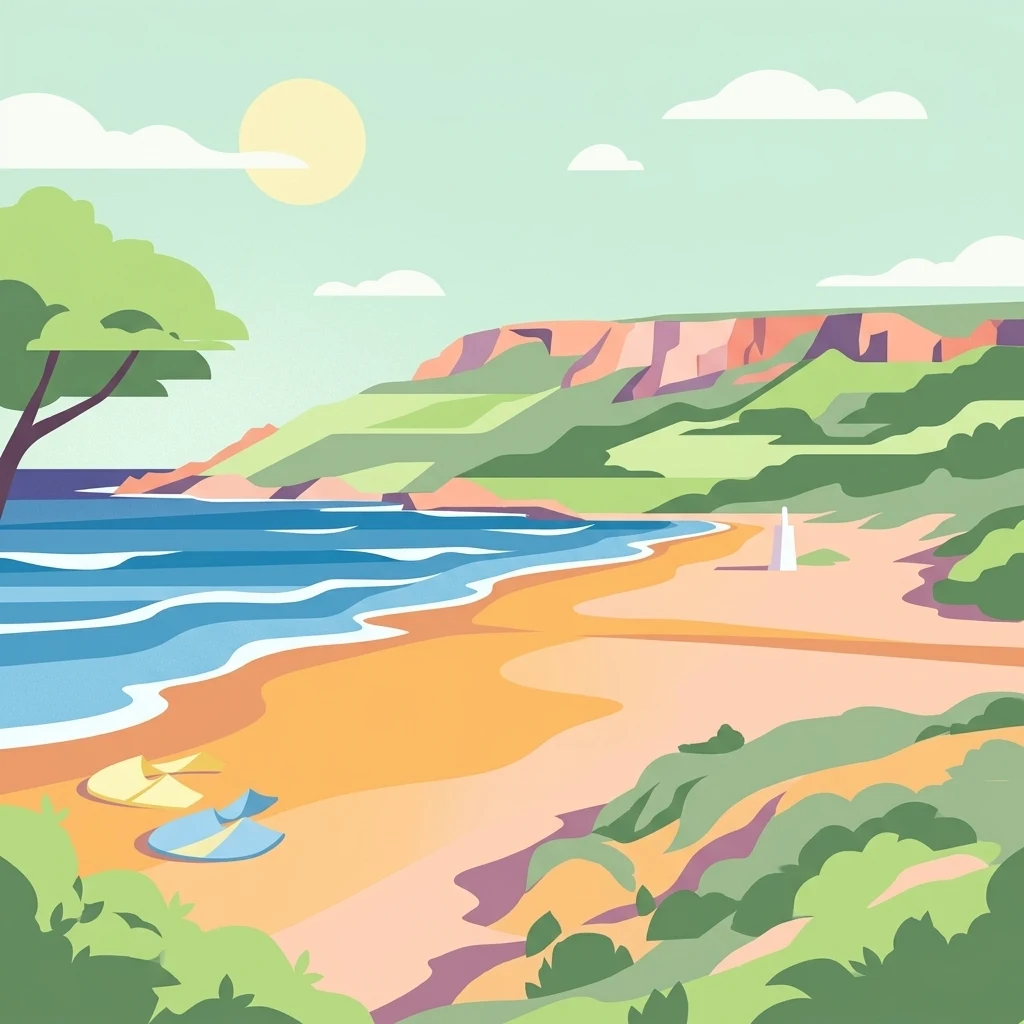 A flat-style vector illustration depicting a coastal beach scene with reddish sand, rolling green hills in the background, a blue ocean with gentle waves, and a few beach umbrellas in the foreground.