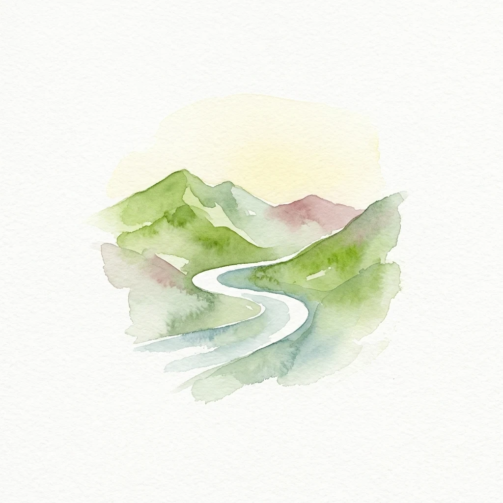 Watercolor illustration showing green and pink mountain ranges with a winding river under a pale yellow sky.