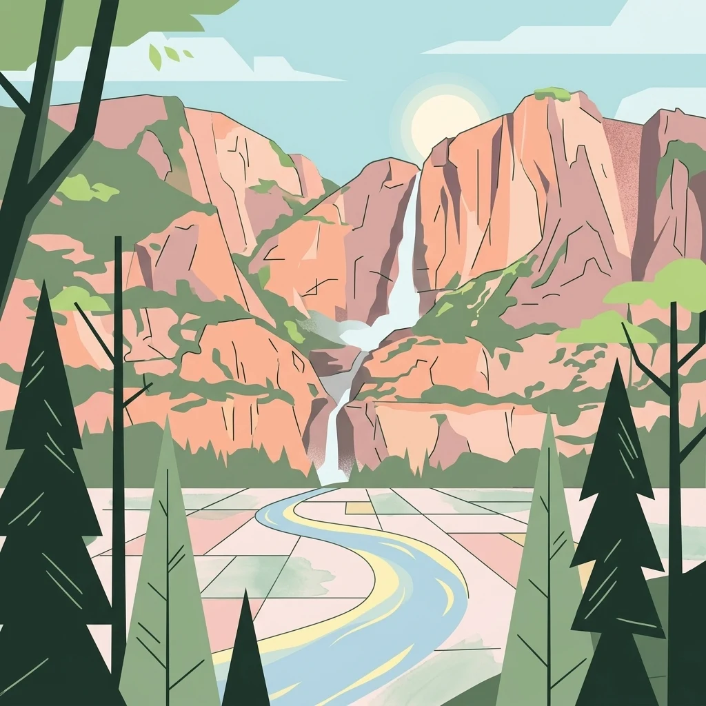 Illustration of mountains with waterfall, river or road, and trees
