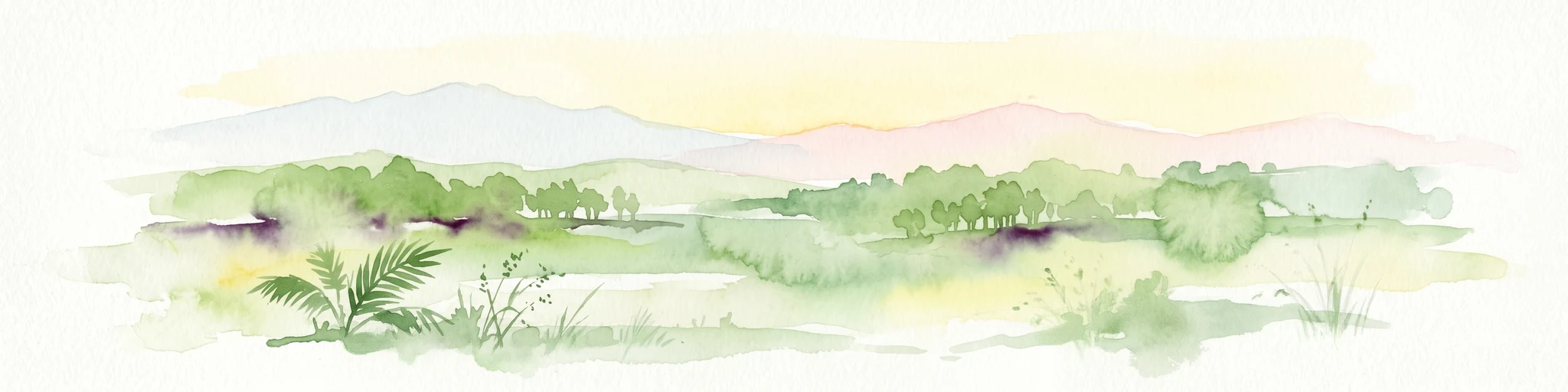 Watercolor illustration showing a landscape with mountains, green fields, and a body of water