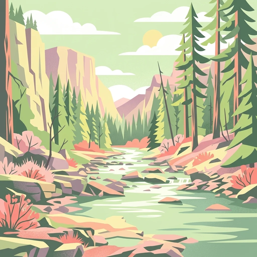 Una ilustración gráfica que muestra un río tranquilo fluyendo a través de un valle profundo con acantilados escarpados a la izquierda, pinos a la derecha y montañas lejanas bajo un sol suave.