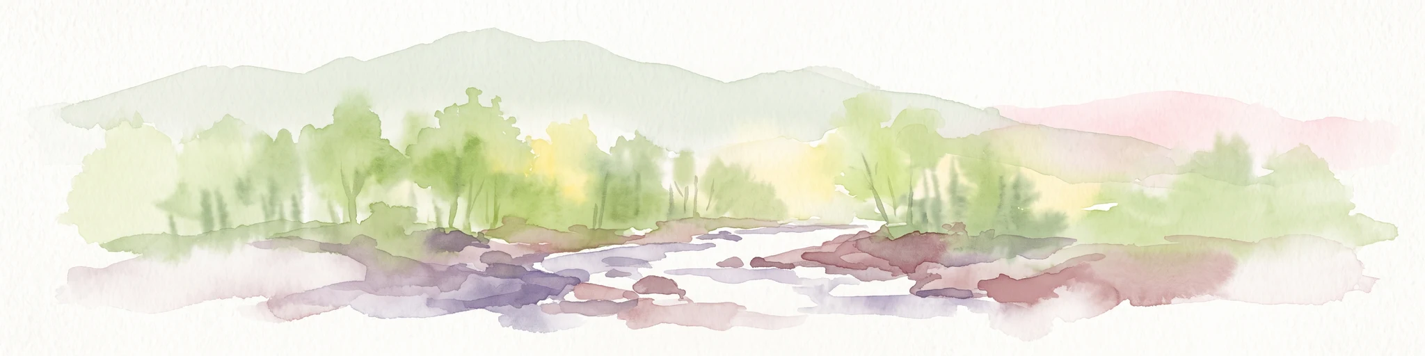 A soft watercolor illustration depicting a stream flowing through a forested valley with mountain ridgelines in the background.