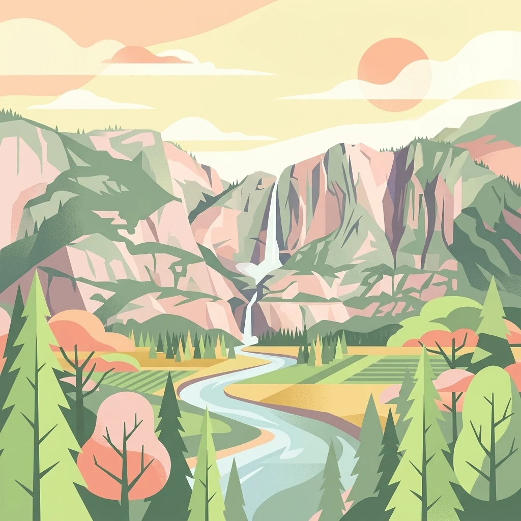 Una ilustración digital estilizada de un valle con una cascada que fluye entre dos montañas, con un río serpenteante en primer plano y pinos.