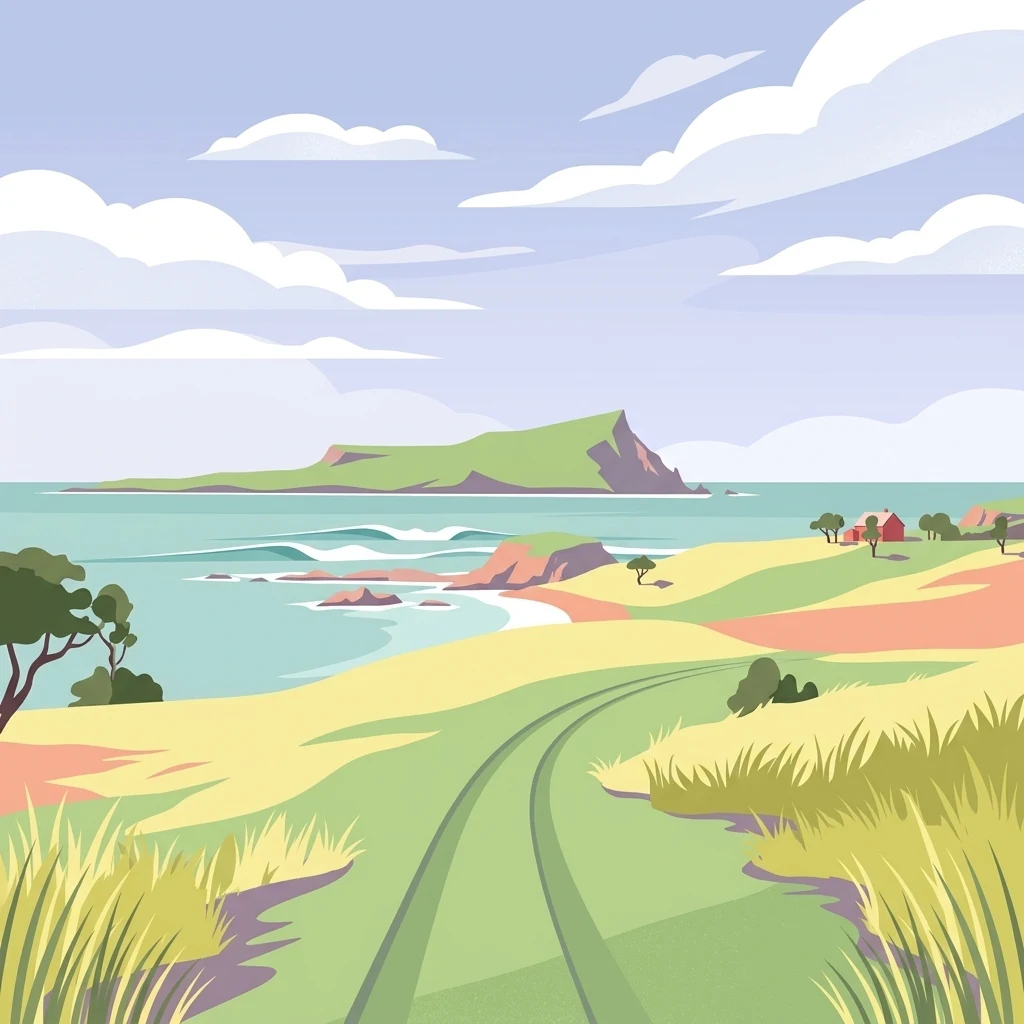 A flat-style digital illustration showing a grassy dirt track leading toward a coastal view with rolling green hills, a turquoise sea, and a distant rocky island under a cloudy sky.