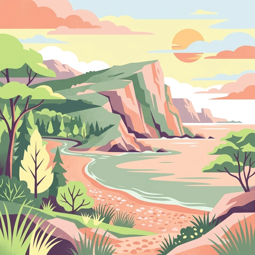 A flat-style digital illustration depicting a sunny coastal scene with prominent cliffs overlooking a beach and sea.