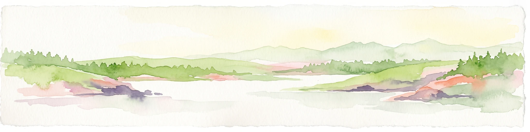 Watercolor painting of a calm coastal scene with soft green hills, forest edges, and water in the foreground, presented in a horizontal strip format.