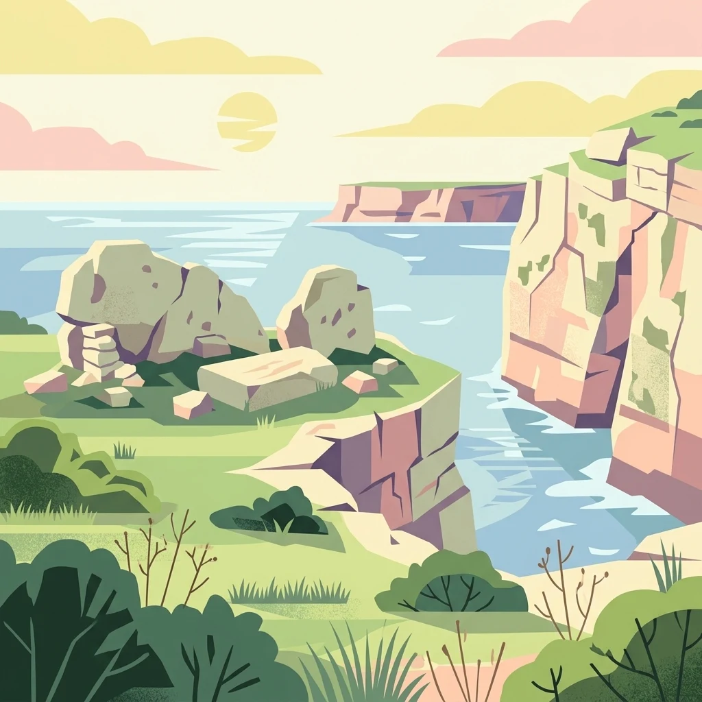 Una ilustración digital de estilo plano que representa un acantilado costero de piedra caliza al atardecer, con ruinas de piedra antiguas dispersas en primer plano y el mar Mediterráneo al fondo.