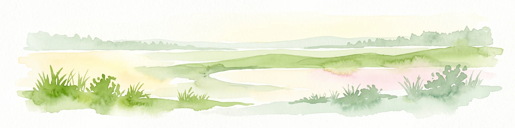 A horizontal watercolor painting depicting a soft-toned, abstract coastal landscape with gentle green hills, grassy foreground patches, and a calm, pale pool of water against a white background.