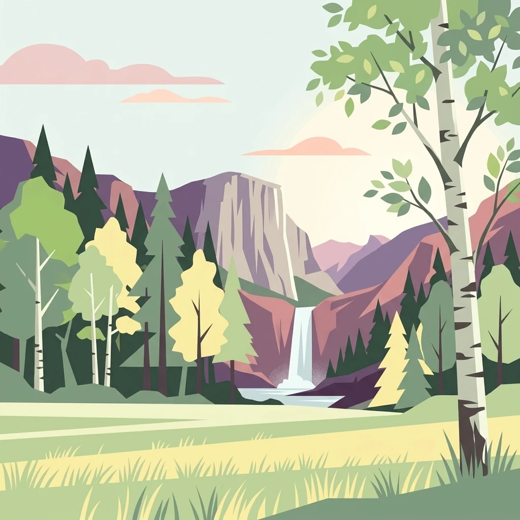 Stylized flat-style vector illustration showing a mountain landscape with a waterfall, forest, and a birch tree in the foreground.